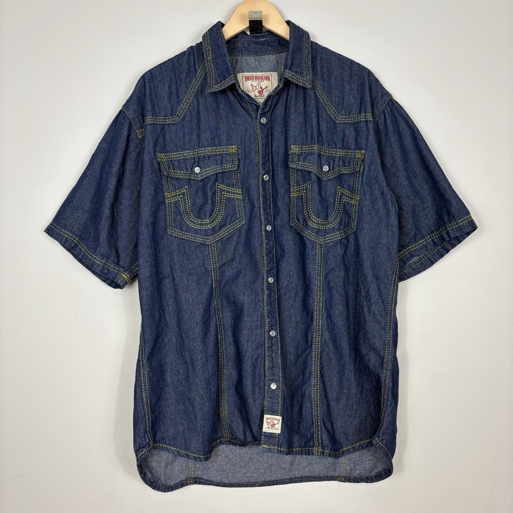 Vtg Y2K True Religion Joey Denim Western Shirt Sz XXXL Pearl Snap Short Sleeve